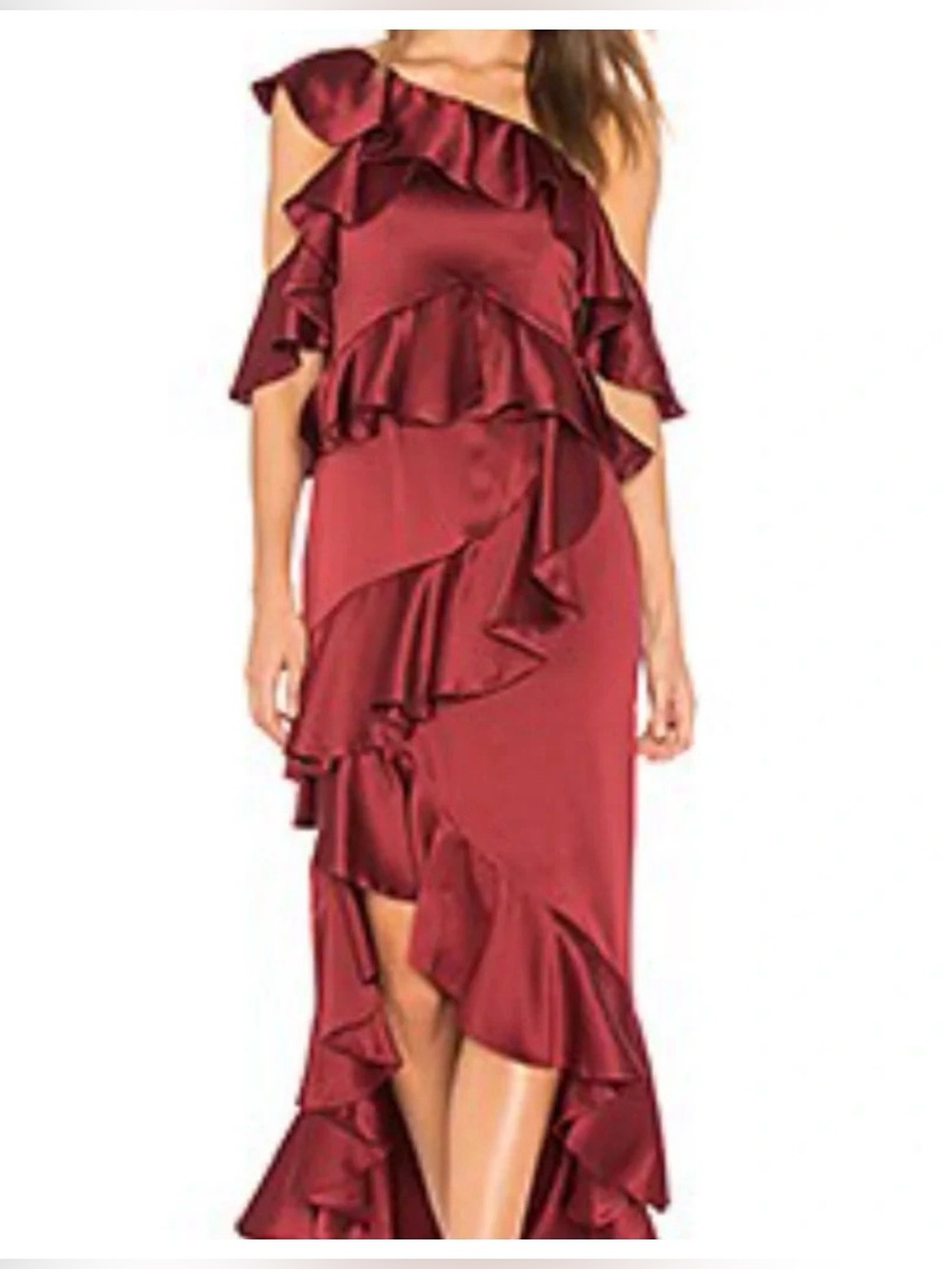 AMUR Burgundy Asymmetrical One-Shoulder Ruffle Dress